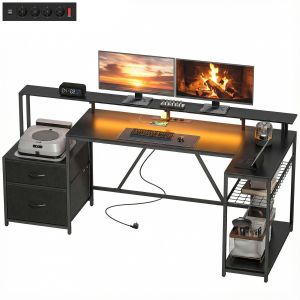 HOMCOM Bureau Gaming d'Angle avec Hub de Recharge, Lumi&egrave;res LED et Support &Eacute;cran, en Bois et Acier, 192.5x80x86.5 cm, Noir