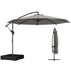 Outsunny Parasol D&eacute;port&eacute; de Jardin 3 m avec Base Crois&eacute;e, Sac de Sable, Parasol Banane Rotatif 360&deg;, Gris