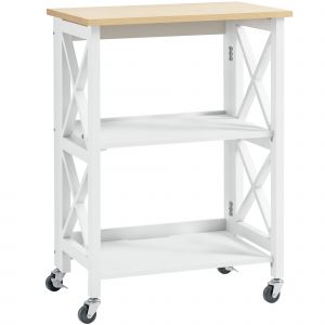 HOMCOM Chariot de service desserte de cuisine à roulettes pliante avec 2 étagères, plan de travail en bois hévéa - 60 x 40 x 84 cm - blanc