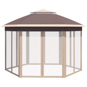 Outsunny Pavillon de Jardin Pliable 4 x 4 m Tente Pop-Up Chapiteau de F&ecirc;te incl. Sac de Transport 6 Parois Lat&eacute;rales Toit Double hexagonal Beige+Khaki