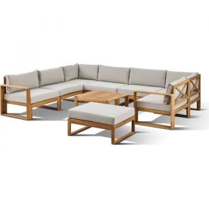 Salon de jardin d'angle modulable LEVATA XXL - Bois d'acacia FSC - 9 personnes - Gris de lin + Housse incluse