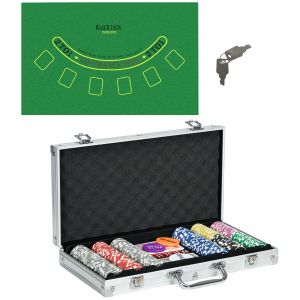 SPORTNOW Mallette de Poker Coffret de Poker Complet, verrouillable, avec 300 jetons 2 Jeux de Cartes 3 boutons 1 Tapis en Feutre