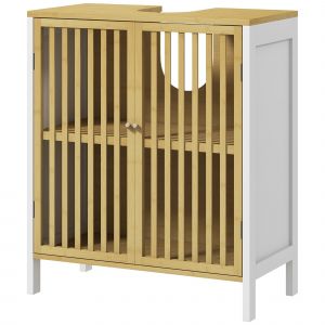 HOMCOM Meuble sous vasque 2 portes avec &eacute;tag&egrave;re r&eacute;glable armoire de rangement pour lavabo 60 x 30 x 70 cm MDF et bambou