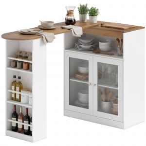 HOMCOM Table de bar extensible et pivotante 360&deg; avec &eacute;tag&egrave;res ouvertes et 2 portes en verre 150x80x105,5 cm blanc et bois naturel