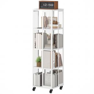 HOMCOM Bibliothèque Moderne à 4 Étagères en Métal à Maille avec Roulettes, 35x35x129 cm, Blanc