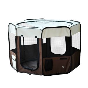 PawHut Parc Enclos Pliable Octogonal Chien Chat Oxford Acier Marron Beige Ø90x41cm   Aosom France