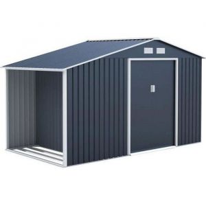 Abri de jardin en m&eacute;tal et abri b&ucirc;ches 6,53 m&sup2; - 342 x 191 x 202 cm - SOLIS - Kit d'ancrage inclus, 2 portes coulissantes - Gris