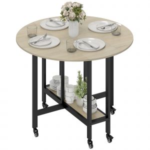 HOMCOM Table pliante, table avec fonction pliante et &eacute;tag&egrave;re ouverte, table de cuisine roulante pour salle &agrave; manger, petits espaces, Bois naturel