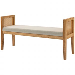 HOMCOM Banc bout de lit en tissu aspect lin avec accoudoirs en rotin et cadre en bois massif 120 x 38 x 61,5 cm beige