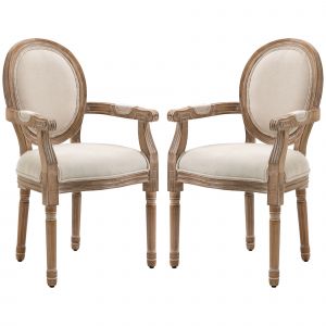 HOMCOM Lot de 2 chaises de Salle &agrave; Manger Chaise de Salon m&eacute;daillon Style Louis XVI Bois Massif patin&eacute; sculpt&eacute; Tissu Lin Cr&egrave;me
