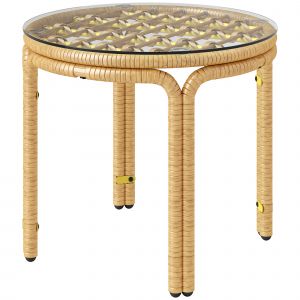 Outsunny Table d'appoint en résine tressée ronde, table basse de jardin avec plaque verre, facile à nettoyer Ø 50 x 44 cm, jaune
