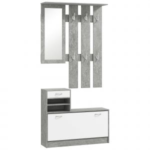 HOMCOM Set Mobile d'Entrée avec Portemanteau à 6 Crochets, Mobile Porte-Chaussures avec Tiroir et Miroir, Gris