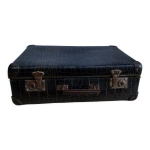 Valise ancienne en carton imitation croco noire