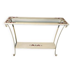 Console en fer forgé blanche à décor fleuri et plateau bois et verre