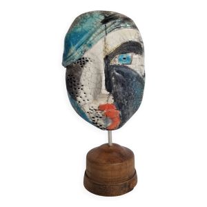 Sculpture contempaire masque en céramique raku signée sur socle 26 cm