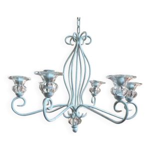 Lustre à bougies en fer forgé et verre