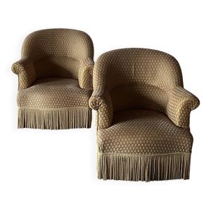 Paire de fauteuils crapaud tapissier rénovés en velours beige
