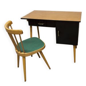 Bureau et chaise Baumann 1960 formica bois et noir, assise verte
