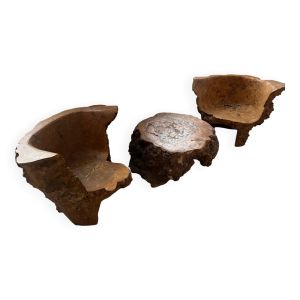 Salon 3 fauteuils table basse en orme massif
