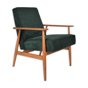 Fauteuil poli d’origine vintage « Fox » conçu par H. Lis années 1970, tissu vert forêt, restauré