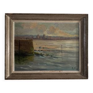 Huile sur Isorel bord de plage avec pêcheurs à pied 1958 par R.P.
