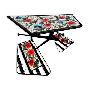 Table basse vintage en céramique signée Vallauris – plateau fleuri et plate