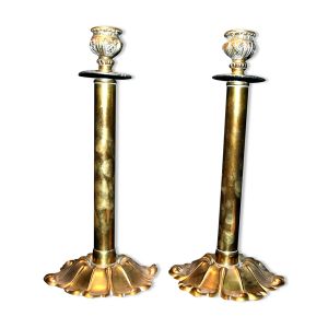 Lot de 2 Bougeoirs flambeaux anciens en laiton doré décor classique