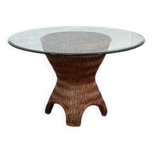 Table de Salle à Manger Ronde en Rotin Tissé et Verre Biseauté, 1970s