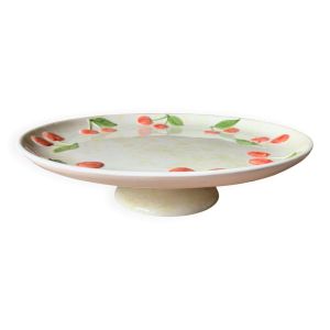 Plat à gâteaux sur pied barbotine décor cerises