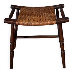 Tabouret en bois tourné et osier Oakwood XXe