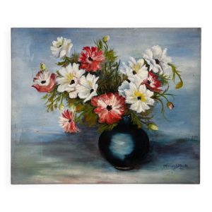 Peinture ancienne huile sur carton bouquet de fleurs anémones rouges et blanches 1985