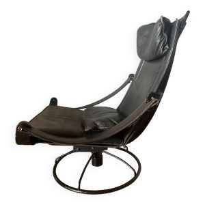 Fauteuil relax pivotant scandinave vintage années 70 cuir noir