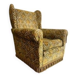 Fauteuil vintage jaune moutarde / monoplace à franges