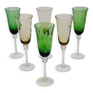 6 Flûtes A Champagne En Verre Soufflé Torsadé 2 Couleurs Vert Et Ambré