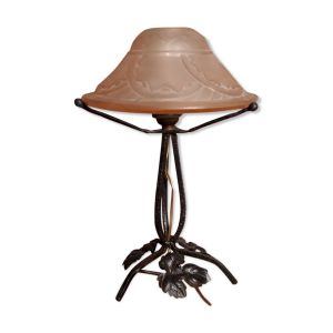 Lampe fer forge ancien abat-jour en verre moule 1920