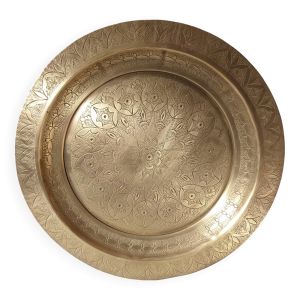 Plateau marocain gravé rond métal doré , cuivre jaune