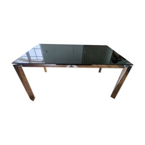Table Extensible Design Italien En Verre Noir Et Pieds Chromés 1980