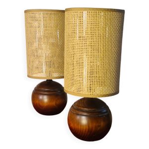 Paire de lampe boule bois massif chevet style scandinave 33x14