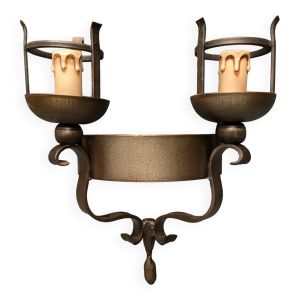 Applique murale minimaliste deux feux - fer forgé patiné - 60's - Allemagne