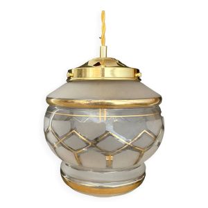 Suspension globe vintage art déco en verre dépoli blanc et doré
