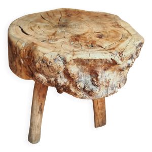 Tabouret brutaliste en bois de merisier massif – France vers 1900