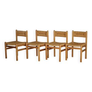 4 chaises de salle à manger en pin et jonc de mer dans le goût de Charlotte Perriand, années 1960