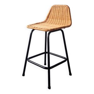 Tabouret bas modèle en osier et métal par Rohé Noordwolde, Pays-Bas 1960