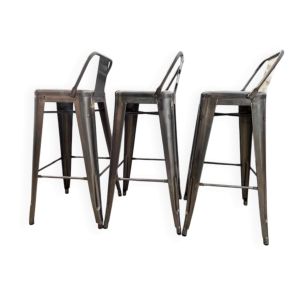lot de 3 chaises de bar Tolix en acier brut (gris) verni