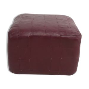 Pouf ou ottomane vintage bordeaux en patchwork de cuir 1960s