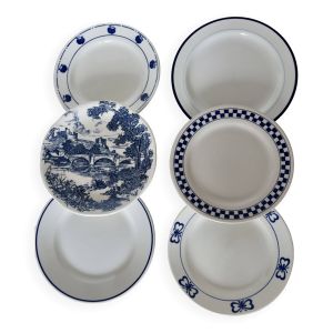 6 assiettes à dessert faïence et porcelaine bleue et blanche