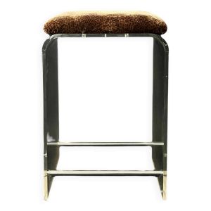 Tabouret de bar en plexiglas, chrome et velours léopard, 1970