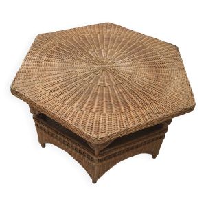 Table basse octogonale osier rotin année 60- 70