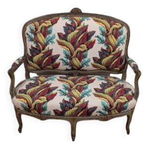 Canapé style directoire bois sculpté & tissu floral parfait état