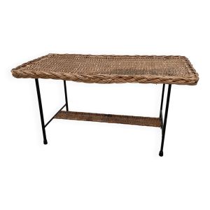 Table basse osier tressé et métal 1960
